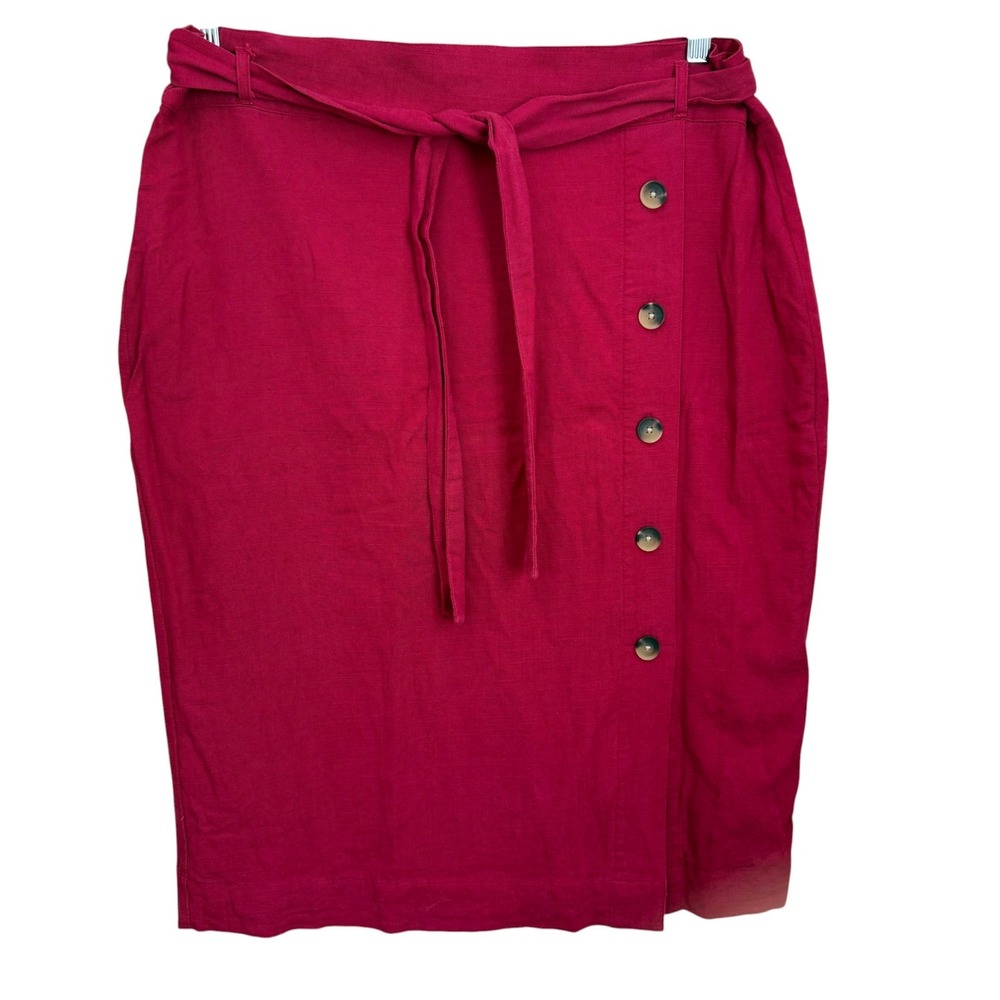 Ann Taylor Linen Blend Skirt 14 Red Belted Faux Button Front Midi Coastal Office